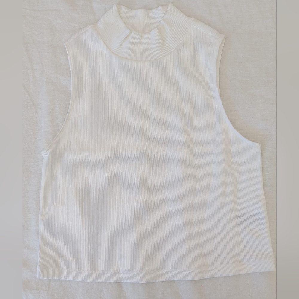 White Ribbed Mock Neck Sleeveless Top
